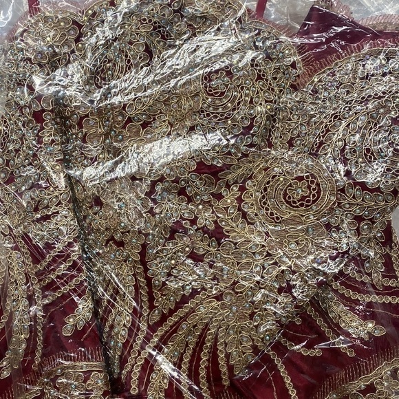 STRAPLESS Burgundy Gold Lace Mermaid Dress 1697 - Picture 7 of 7